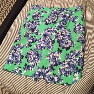 J. Crew Green Floral Pencil Skirt with Blue and White Flowers